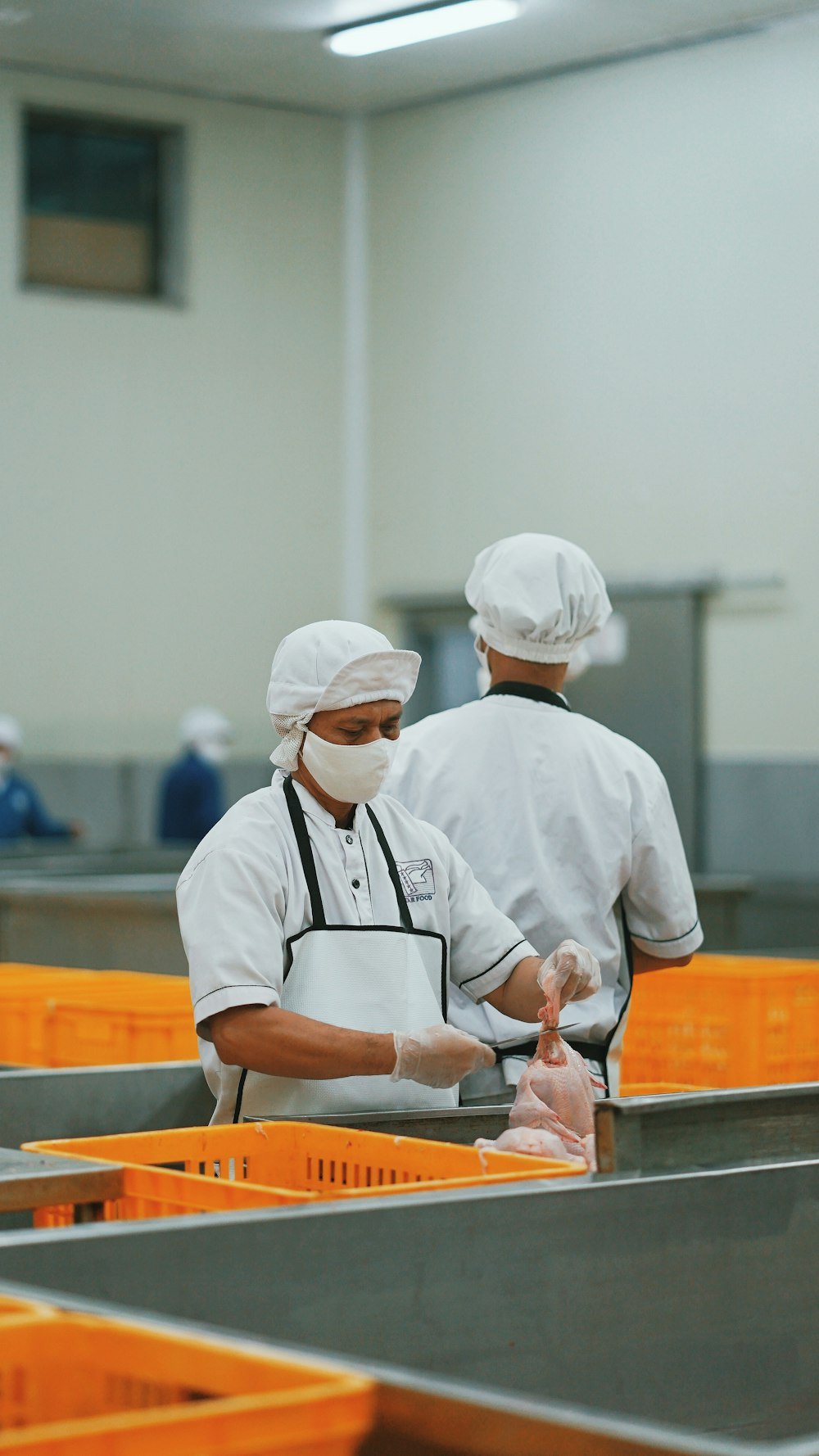 a worker butchering a chicken in a packing plant